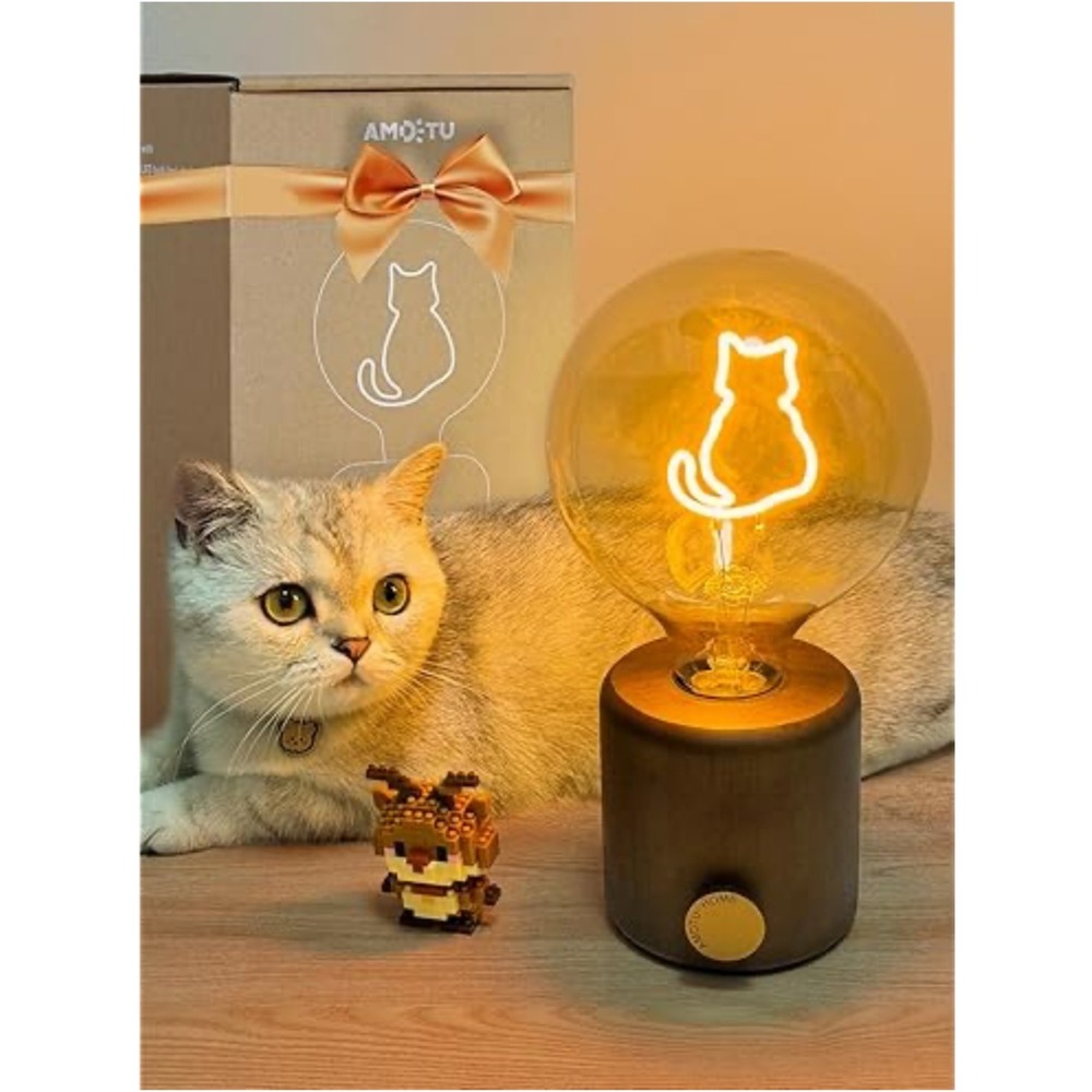 Amdtu Home Cat Neon Filament Table Lamp Dimmable OakWood Base USB-C Rechargeable